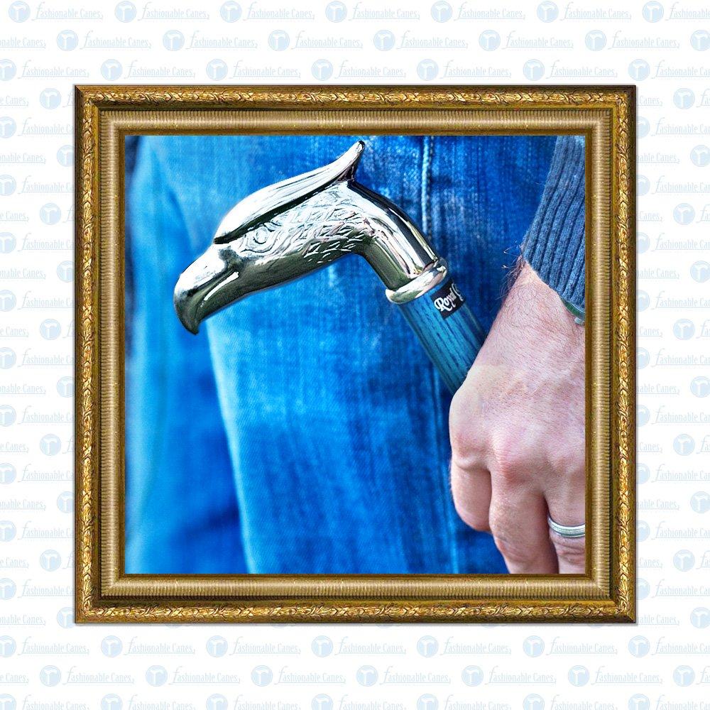 Royal Canes Blue Chrome Plated Eagle Head Handle Walking Cane With Denim Blue Ash Wood Shaft and Silver Collar