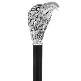 Royal Canes Silver 925r Hawk Head Walking Cane with Stained Beechwood Shaft and Collar