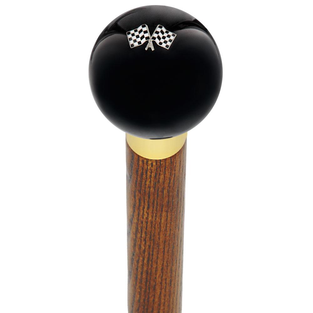 Royal Canes Checkered Racing Flags Black Round Knob Cane w/ Custom Color Ash Shaft & Collar