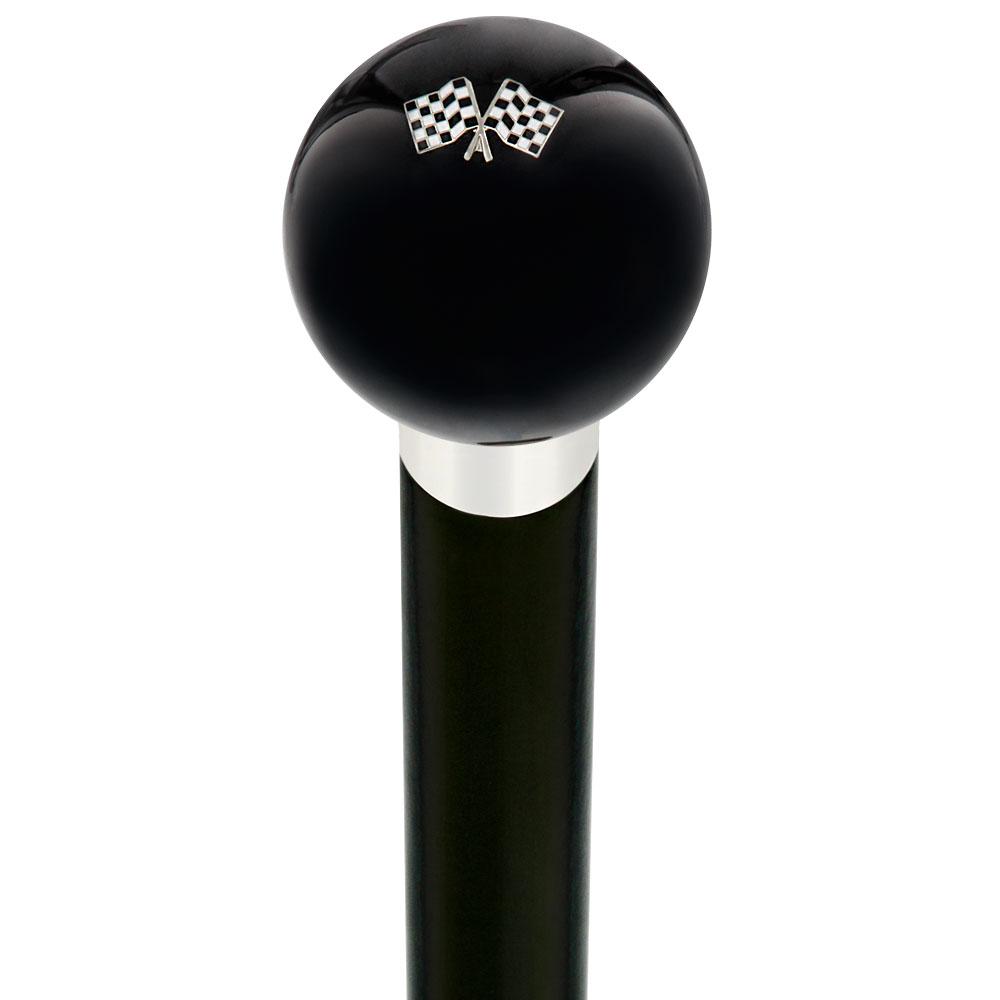 Royal Canes Checkered Racing Flags Black Round Knob Cane w/ Custom Wood Shaft & Collar