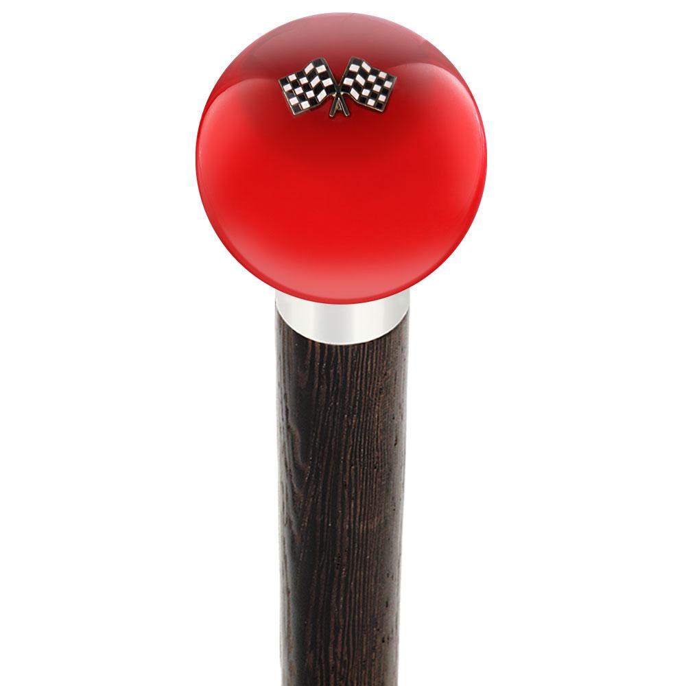 Royal Canes Checkered Racing Flags Red Round Knob Cane w/ Custom Wood Shaft & Collar
