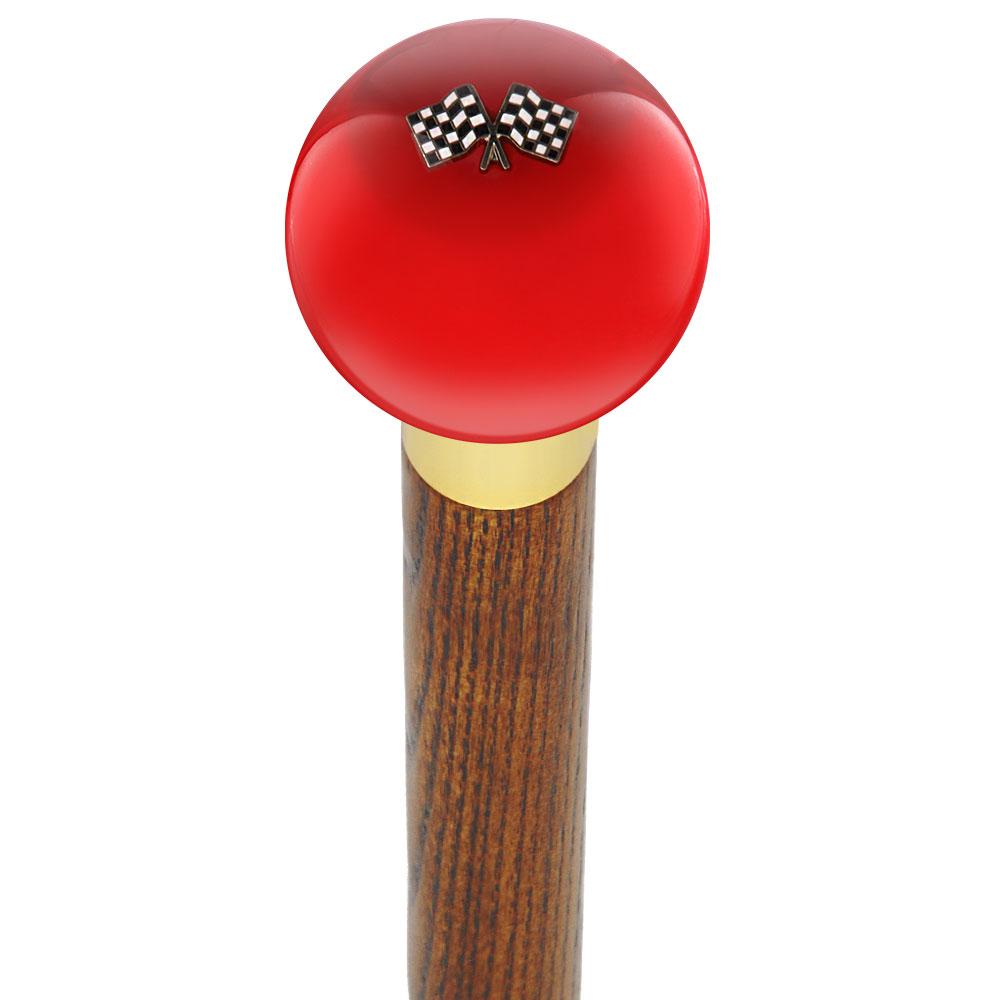 Royal Canes Checkered Racing Flags Red Round Knob Cane w/ Custom Wood Shaft & Collar