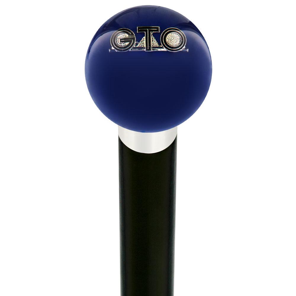 Royal Canes GTO Car Emblem Dark Blue Round Knob Cane w/ Custom Wood Shaft & Collar