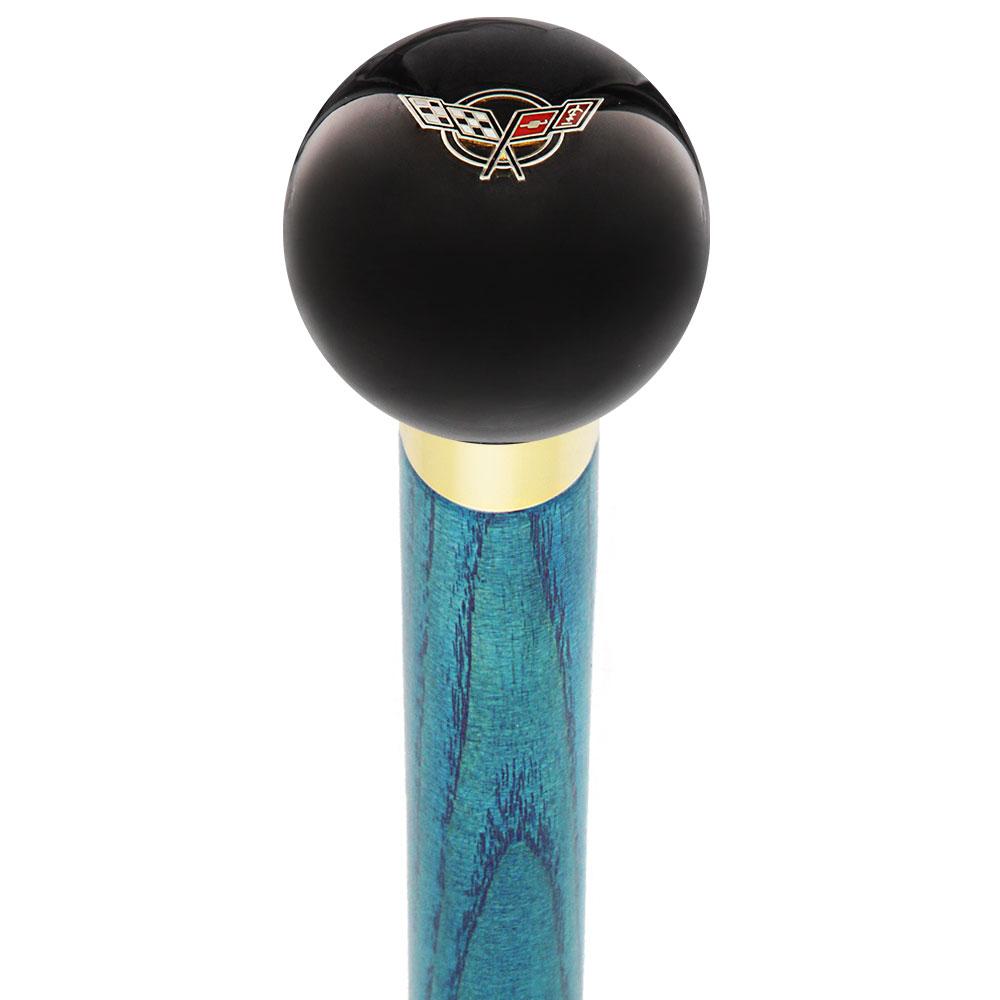 Royal Canes Licensed Corvette Angled Flags Emblem Black Round Knob Cane w/ Custom Color Ash Shaft & Collar
