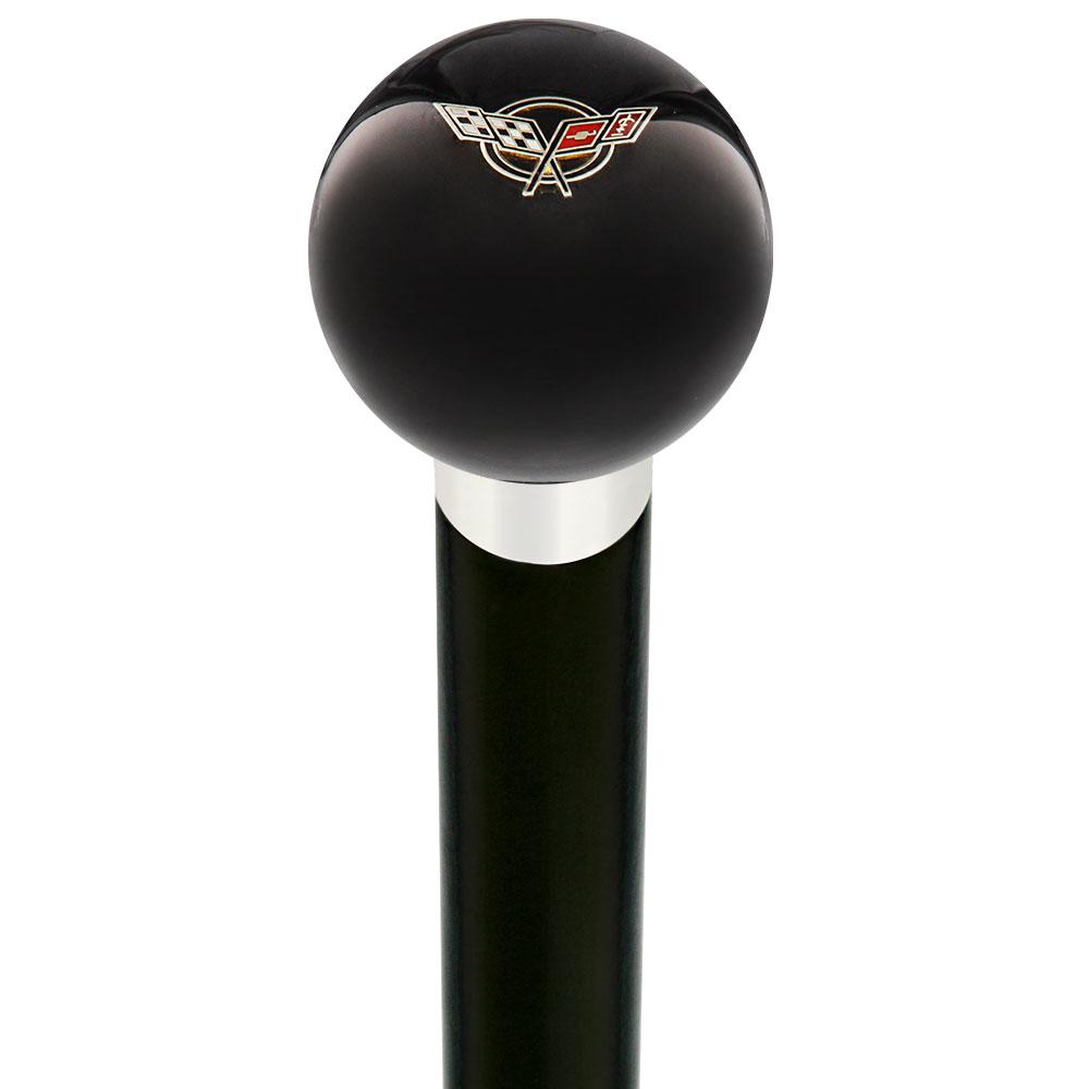 Royal Canes Licensed Corvette Angled Flags Emblem Black Round Knob Cane w/ Custom Wood Shaft & Collar