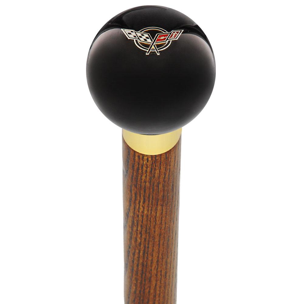 Royal Canes Licensed Corvette Angled Flags Emblem Black Round Knob Cane w/ Custom Wood Shaft & Collar