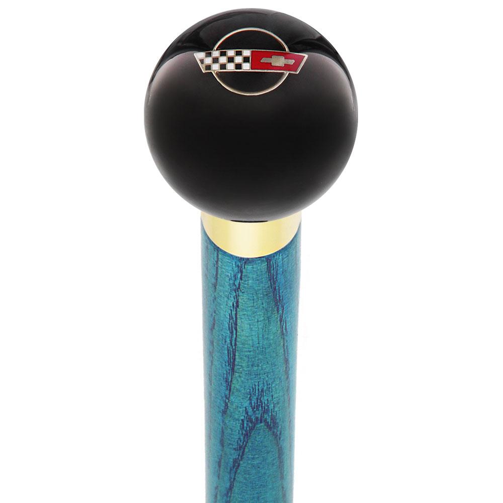 Royal Canes Licensed Corvette Side by Side Flags Emblem Black Round Knob Cane w/ Custom Color Ash Shaft & Collar