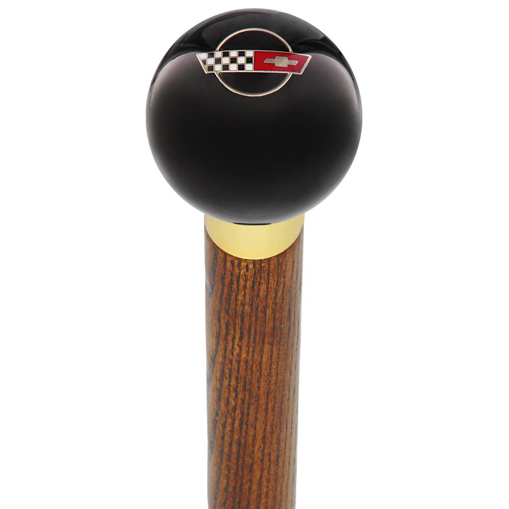 Royal Canes Licensed Corvette Side by Side Flags Emblem Black Round Knob Cane w/ Custom Color Ash Shaft & Collar
