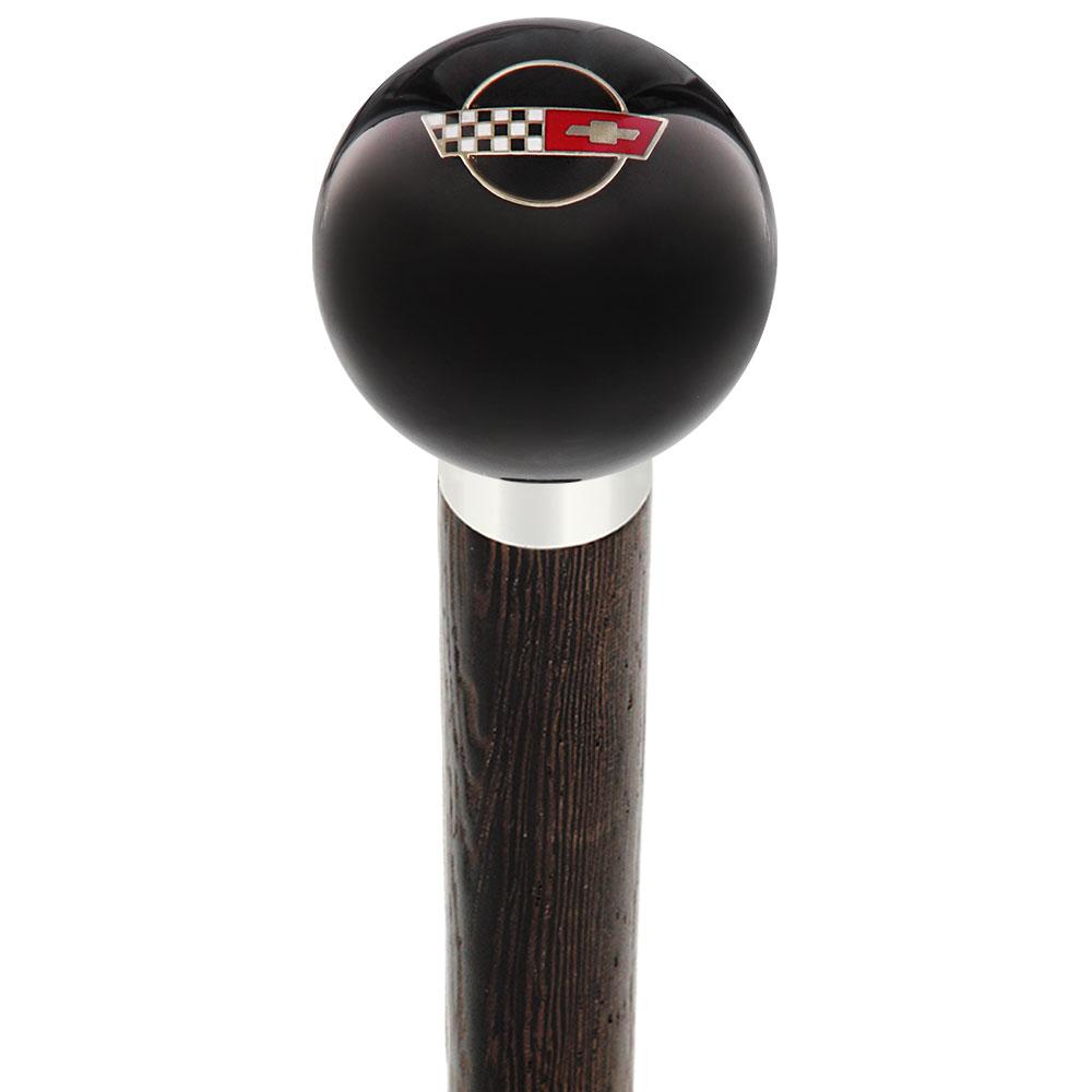 Royal Canes Licensed Corvette Side by Side Flags Emblem Black Round Knob Cane w/ Custom Wood Shaft & Collar
