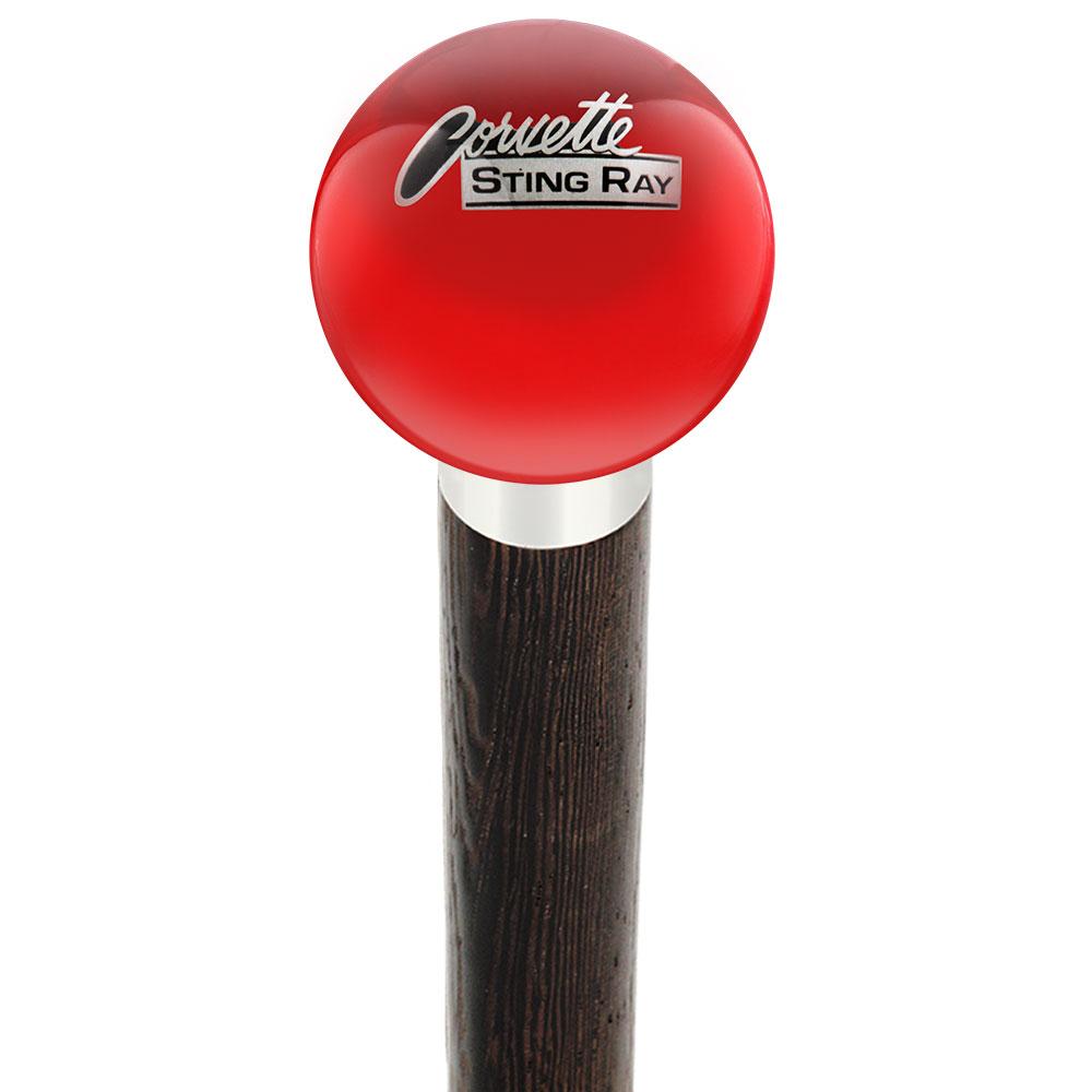 Royal Canes Licensed Corvette Sting Ray Vintage Emblem Red Round Knob Cane w/ Custom Wood Shaft & Collar