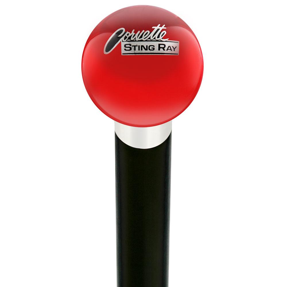 Royal Canes Licensed Corvette Sting Ray Vintage Emblem Red Round Knob Cane w/ Custom Wood Shaft & Collar