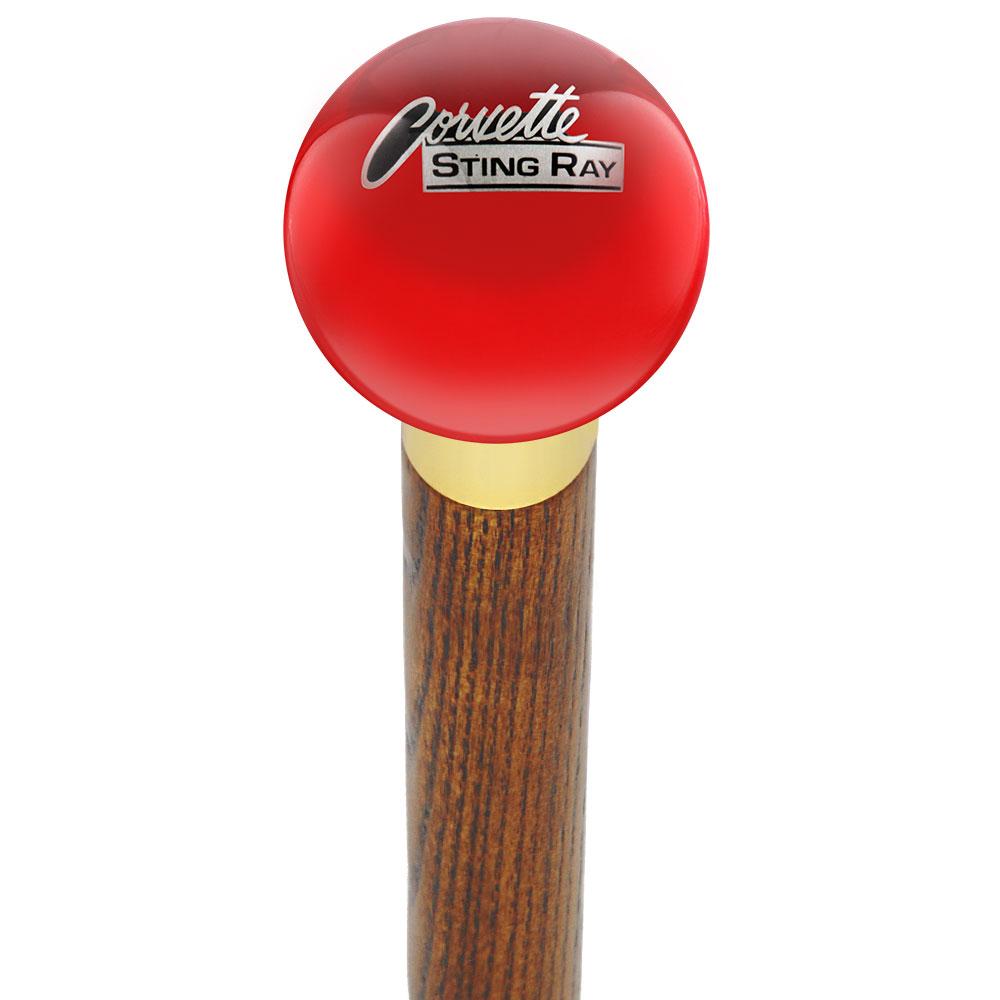 Royal Canes Licensed Corvette Sting Ray Vintage Emblem Red Round Knob Cane w/ Custom Wood Shaft & Collar