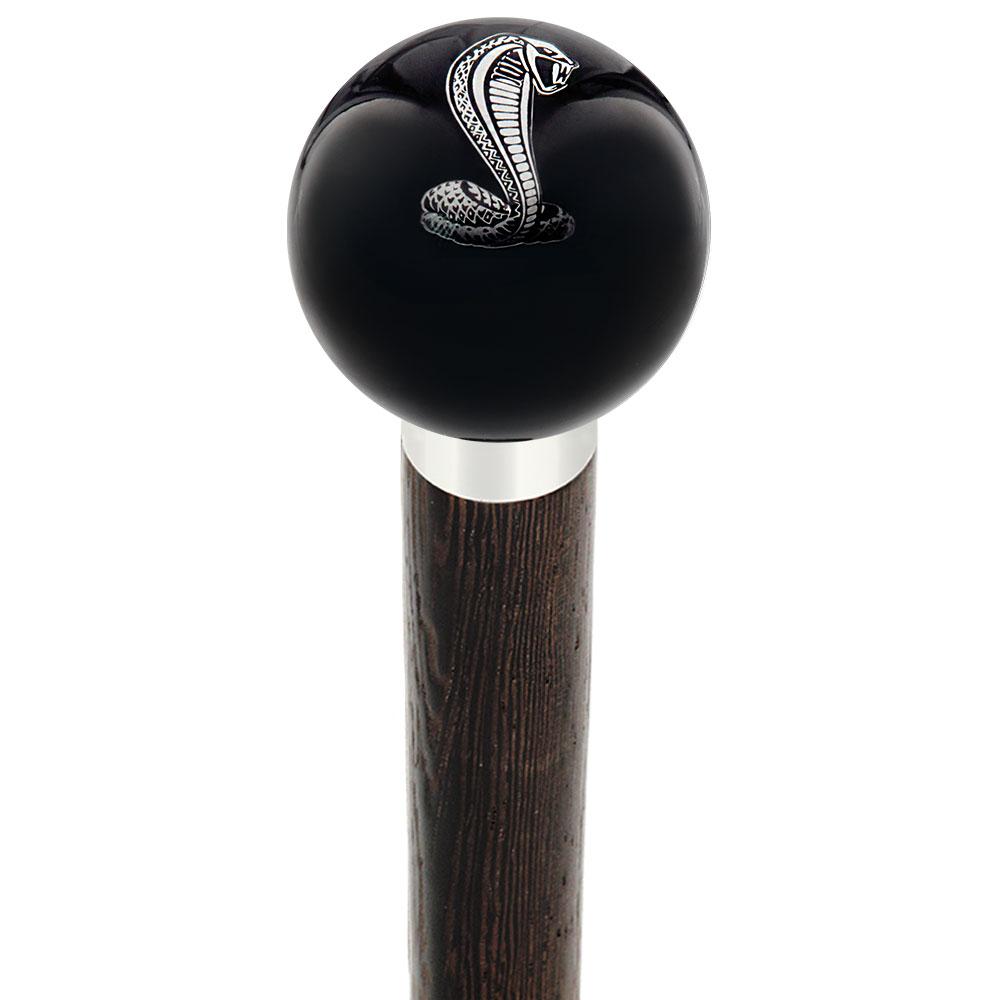 Royal Canes Licensed Mustang Cobra Emblem Black Round Knob Cane w/ Custom Wood Shaft & Collar