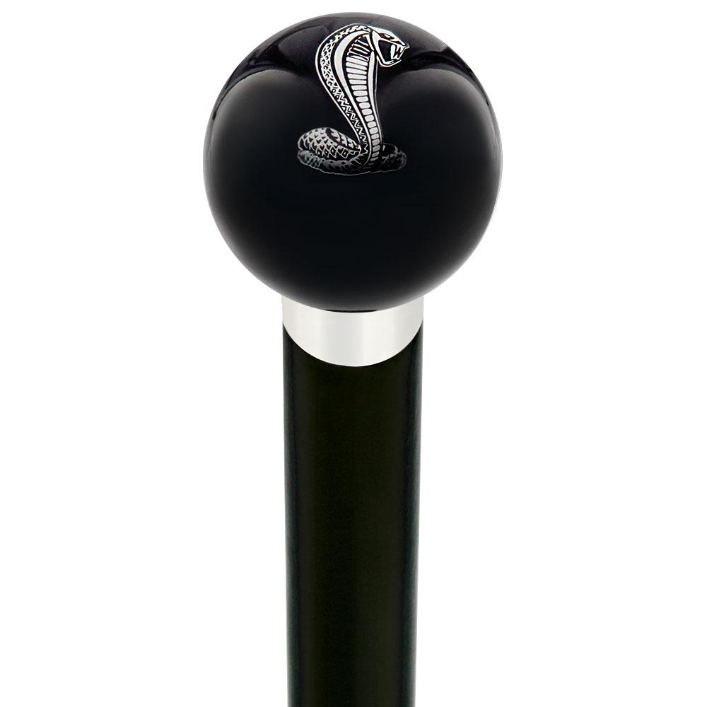 Royal Canes Licensed Mustang Cobra Emblem Black Round Knob Cane w/ Custom Wood Shaft & Collar