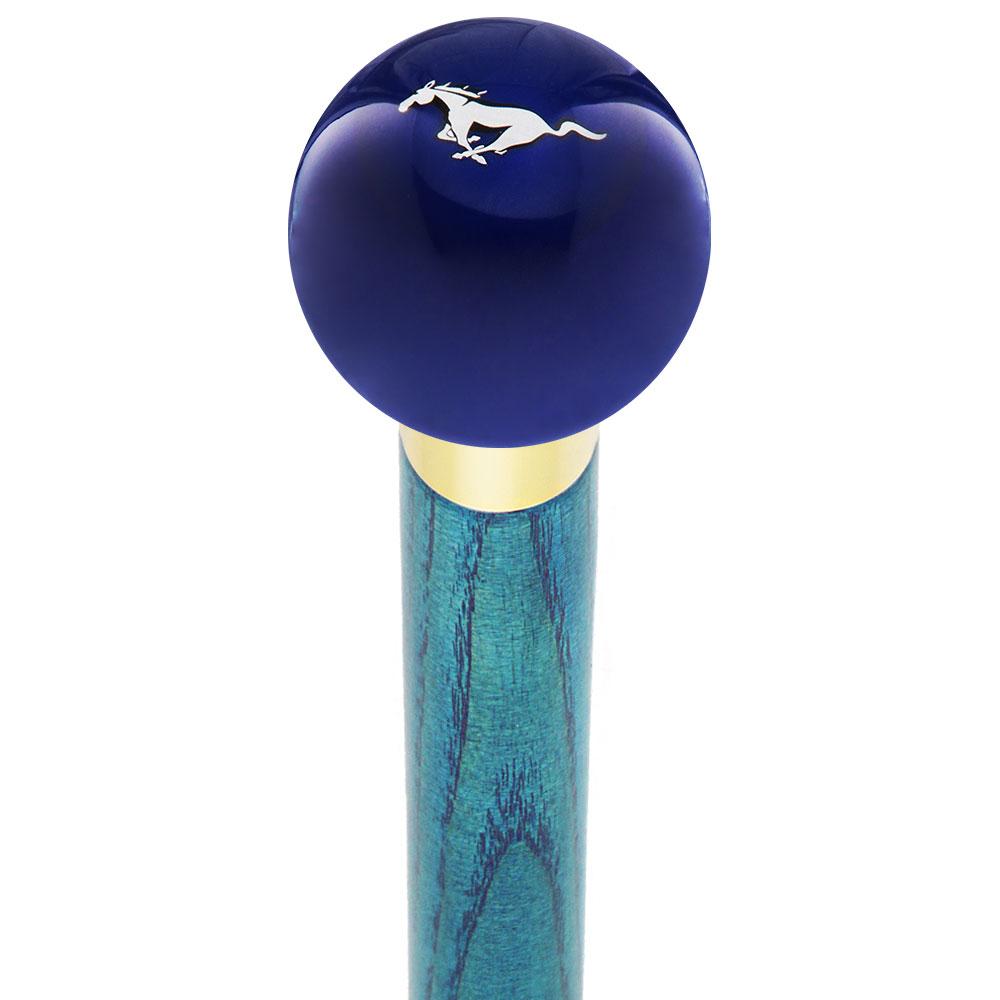 Royal Canes Licensed Mustang Horse Emblem Dark Blue Round Knob Cane w/ Custom Color Ash Shaft & Collar