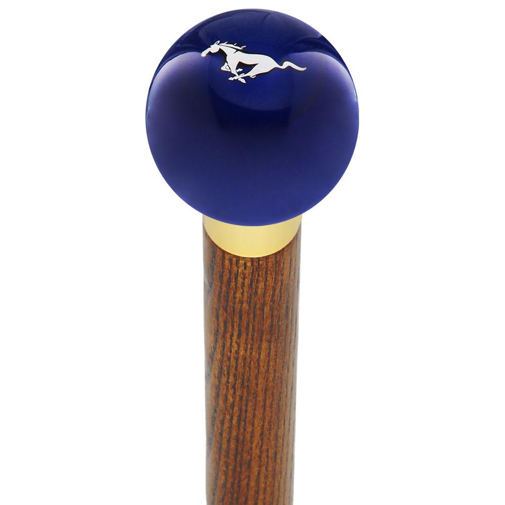 Royal Canes Licensed Mustang Horse Emblem Dark Blue Round Knob Cane w/ Custom Color Ash Shaft & Collar