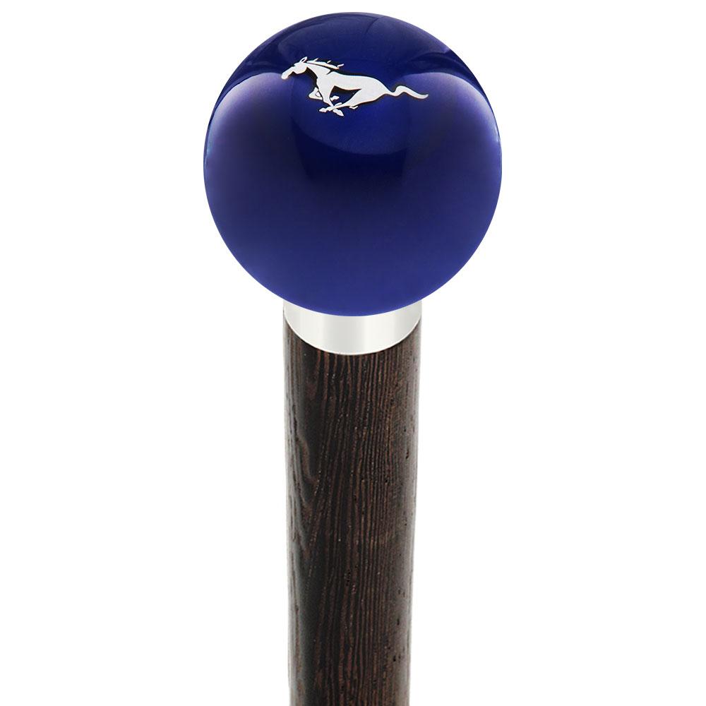 Royal Canes Licensed Mustang Horse Emblem Dark Blue Round Knob Cane w/ Custom Wood Shaft & Collar