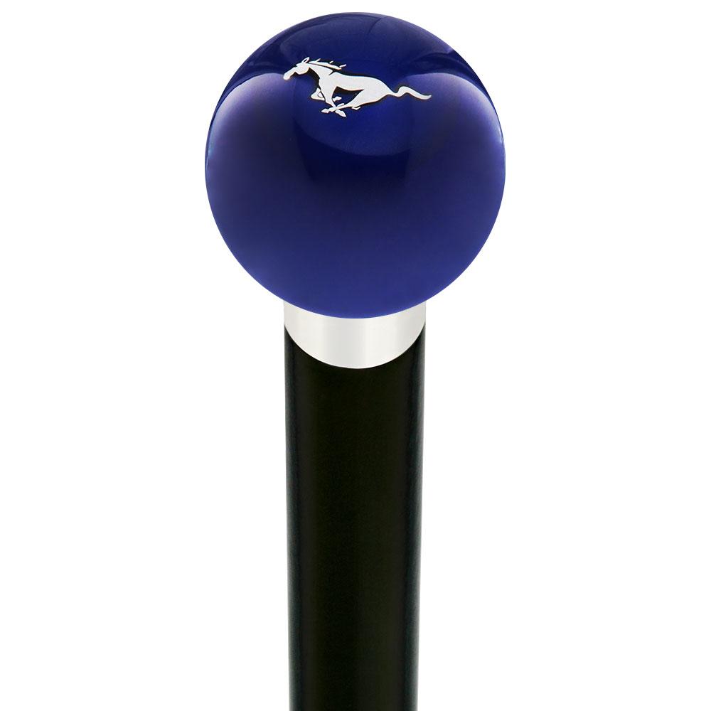 Royal Canes Licensed Mustang Horse Emblem Dark Blue Round Knob Cane w/ Custom Wood Shaft & Collar