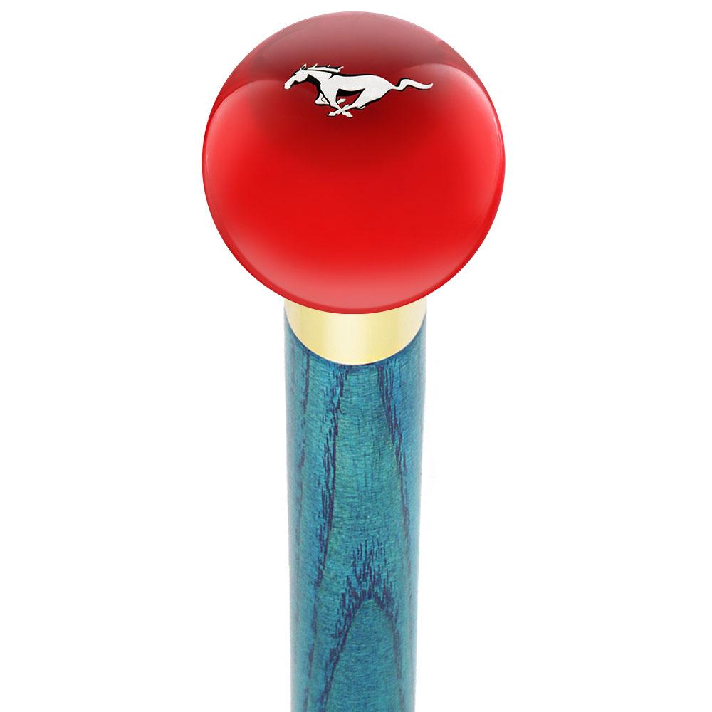 Royal Canes Licensed Mustang Horse Emblem Red Round Knob Cane w/ Custom Color Ash Shaft & Collar