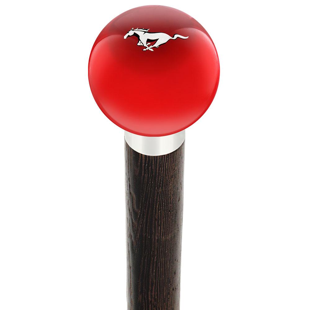 Royal Canes Licensed Mustang Horse Emblem Red Round Knob Cane w/ Custom Wood Shaft & Collar