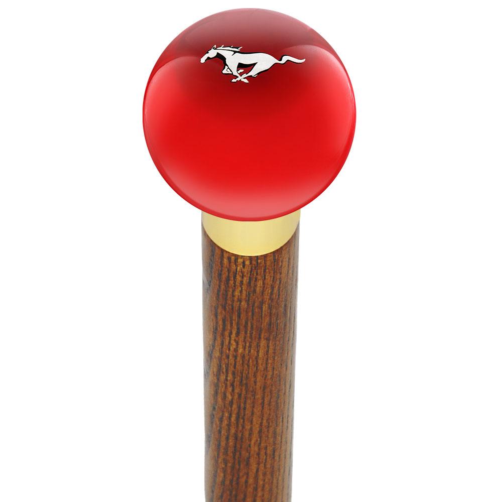 Royal Canes Licensed Mustang Horse Emblem Red Round Knob Cane w/ Custom Wood Shaft & Collar