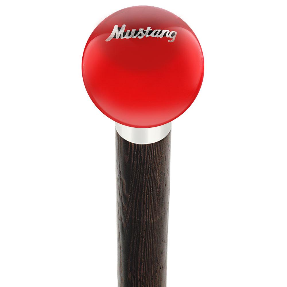 Royal Canes Licensed Mustang Vintage Emblem Red Round Knob Cane w/ Custom Wood Shaft & Collar