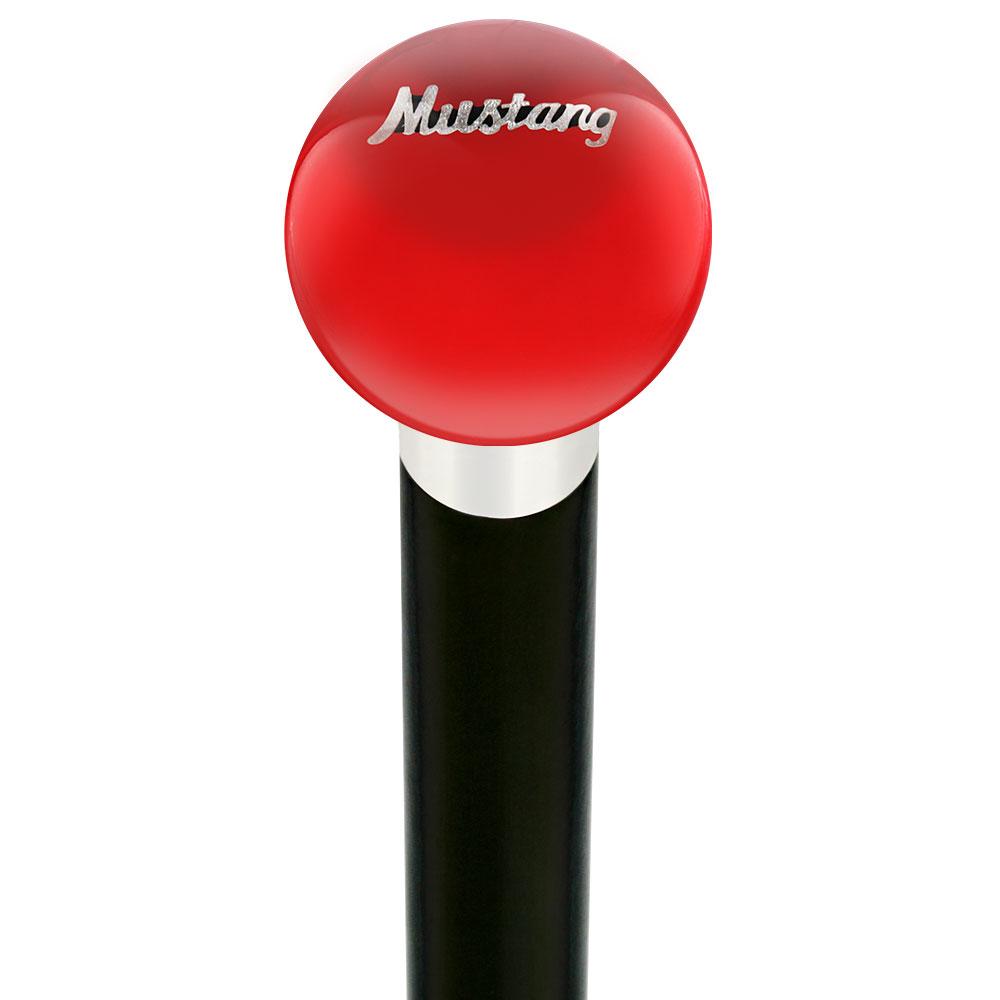 Royal Canes Licensed Mustang Vintage Emblem Red Round Knob Cane w/ Custom Wood Shaft & Collar