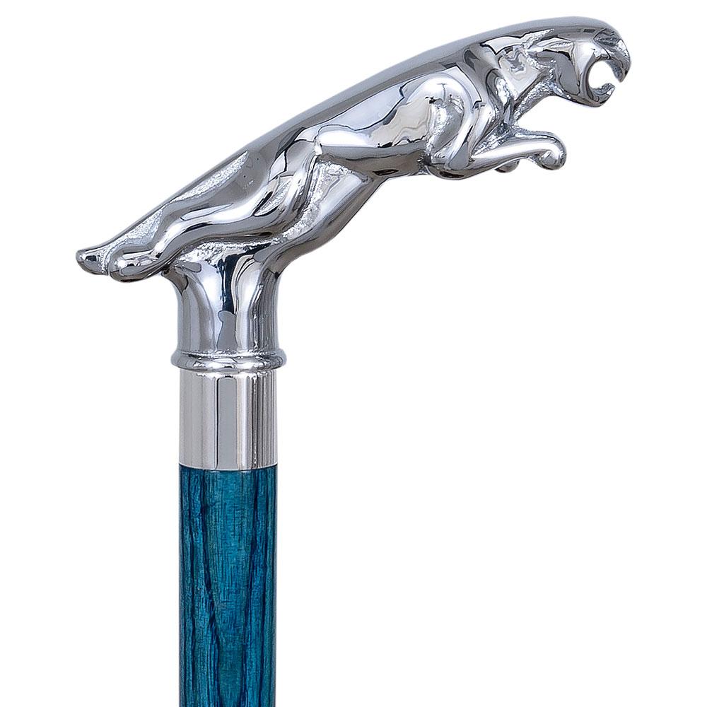 Royal Canes Chrome Plated Jaguar Handle Walking Cane w/ Custom Color Stained Ash Shaft & Collar