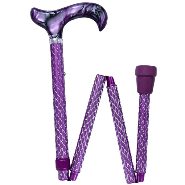 Purple Etched Adjustable Folding Cane with Pearlz Derby Handle