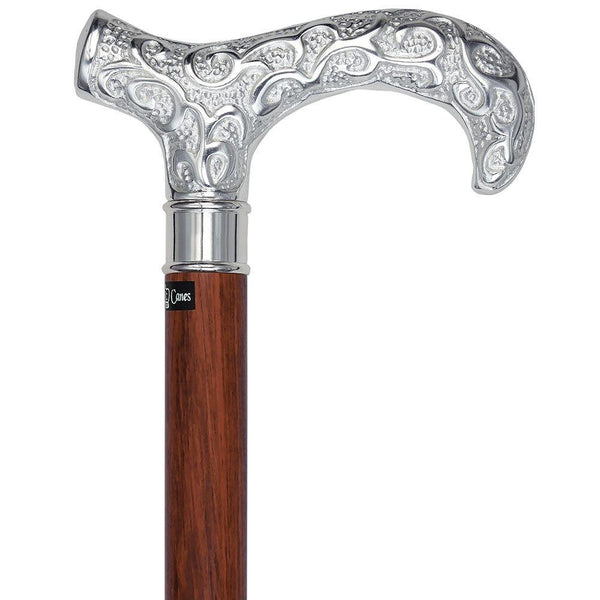 Royal Canes Extra Long, Super Strong Silver Plated Scrollwork Derby Walking Cane with Purpleheart Wood Shaft