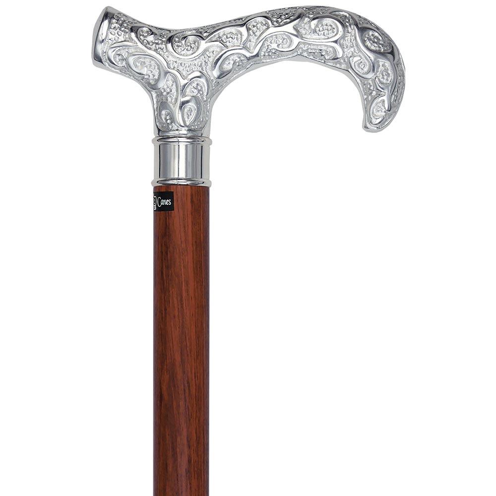 Extra Long, Super Strong Silver Plated Scrollwork Derby Walking