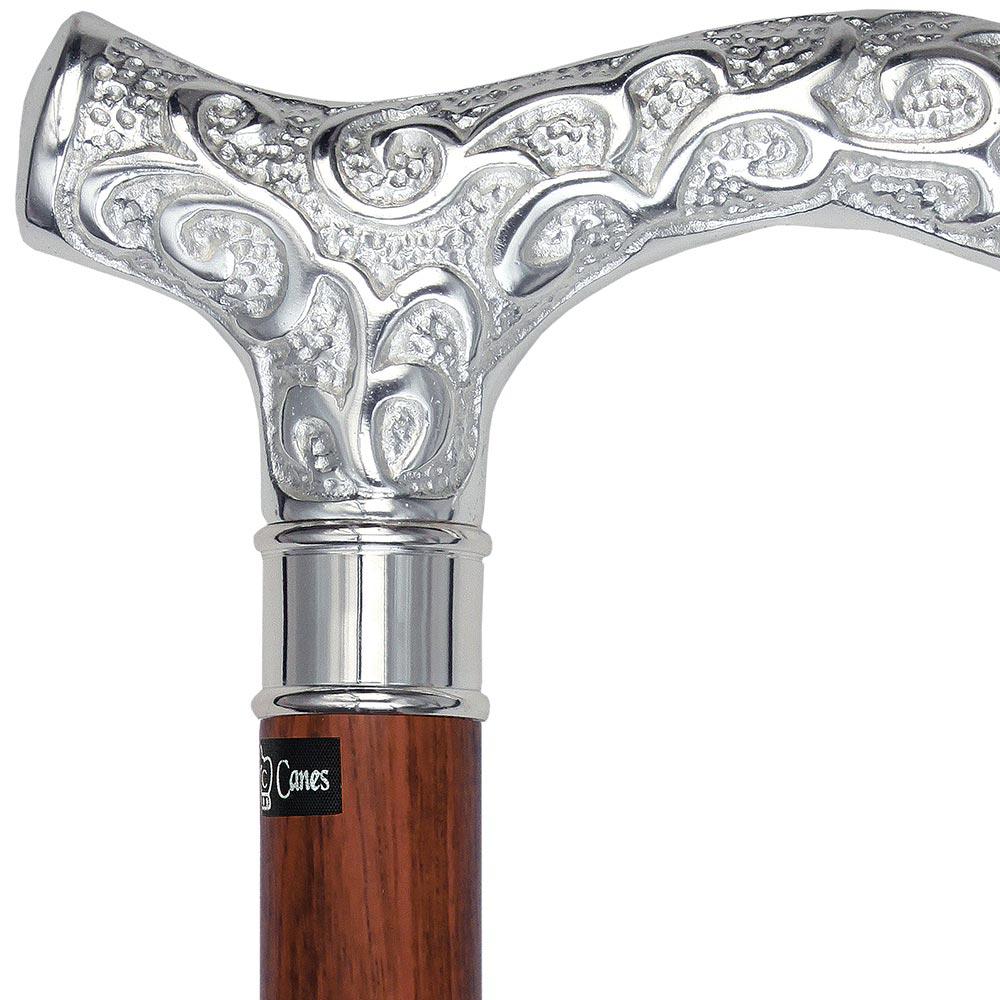 Royal Canes Extra Long, Super Strong Silver Plated Scrollwork Derby Walking Cane with Purpleheart Wood Shaft