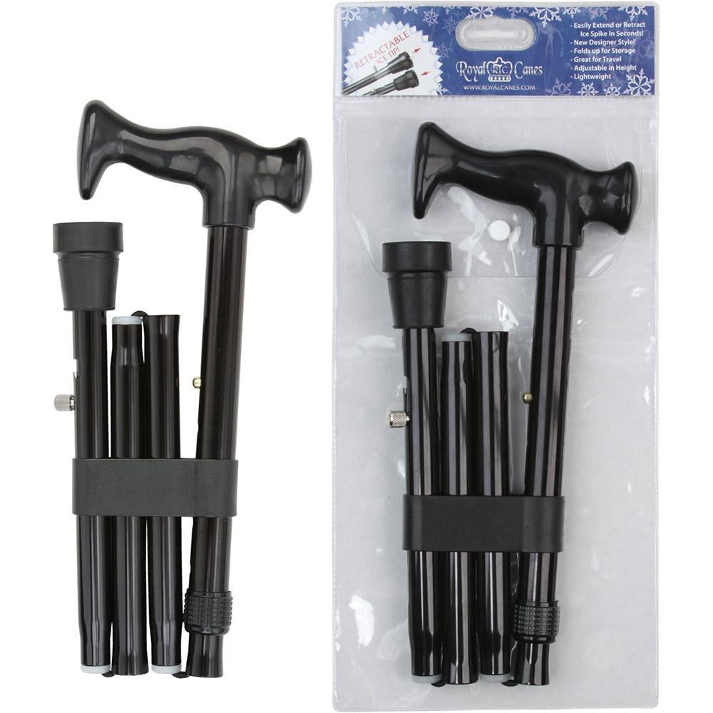 Royal Canes Black Adjustable Folding Retractable Ice Tip Orthopedic Handle Cane