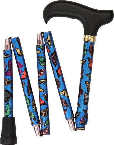 Royal Canes Mini-Blue Skies Butterfly Adjustable Folding Aluminum Walking Cane with Engraved Collar