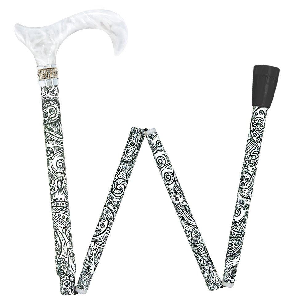 Royal Canes White Pearlz w/ Rhinestone Collar and Black Swirl Designer Adjustable Folding Cane