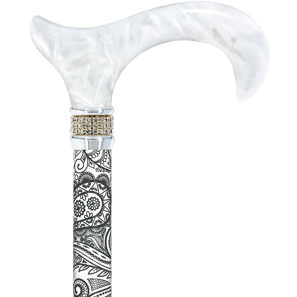 Royal Canes White Pearlz w/ Rhinestone Collar and Black Swirl Designer Adjustable Folding Cane