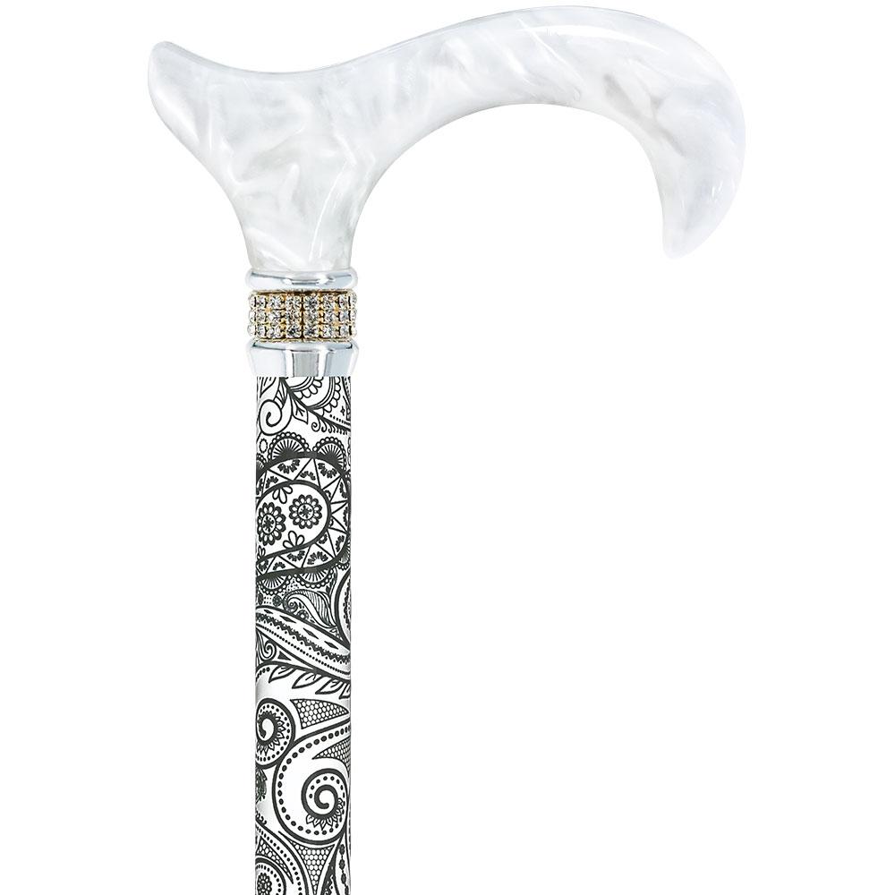 Royal Canes White Pearlz w/ Rhinestone Collar and Black Swirl Designer Adjustable Folding Cane