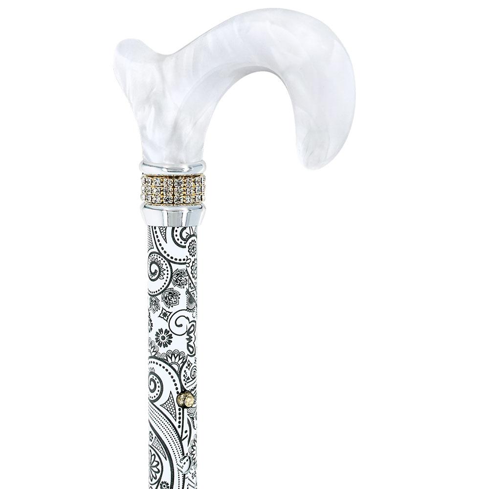 Royal Canes White Pearlz w/ Rhinestone Collar and Black Swirl Designer Adjustable Folding Cane