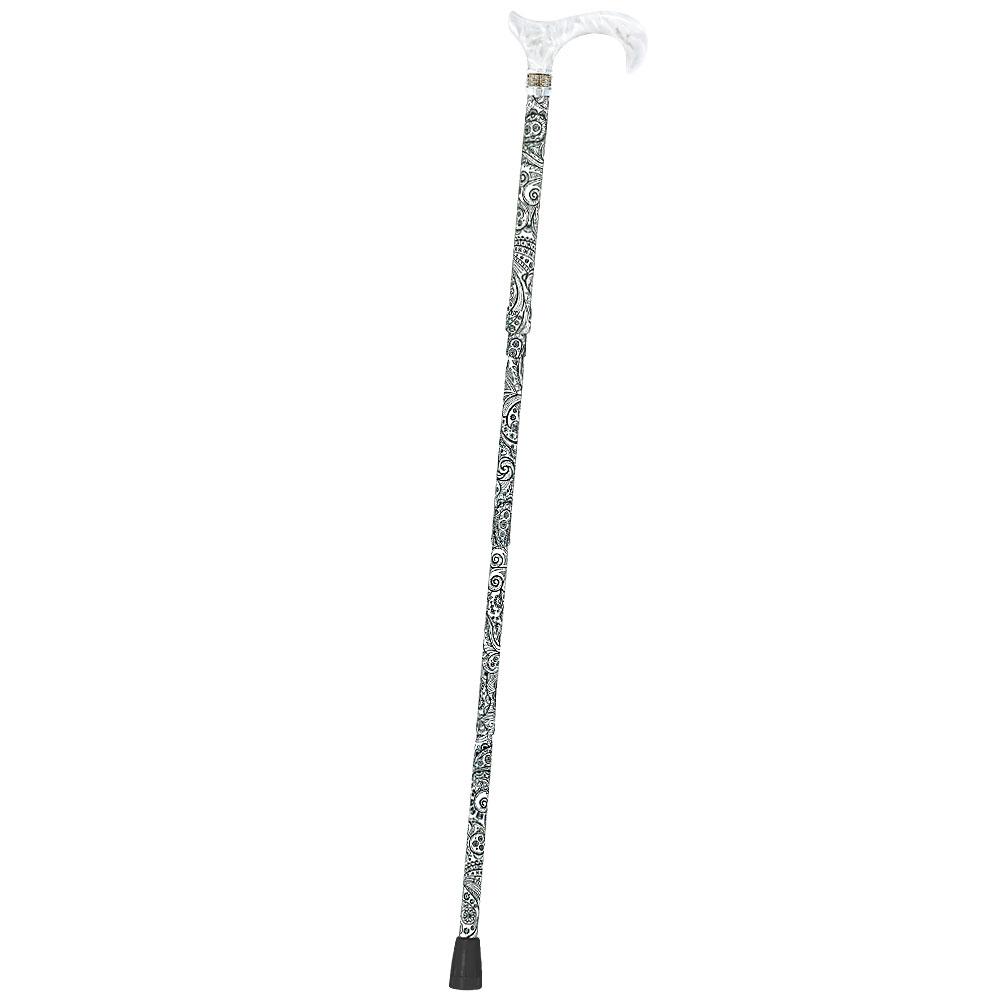 Royal Canes White Pearlz w/ Rhinestone Collar and Black Swirl Designer Adjustable Folding Cane