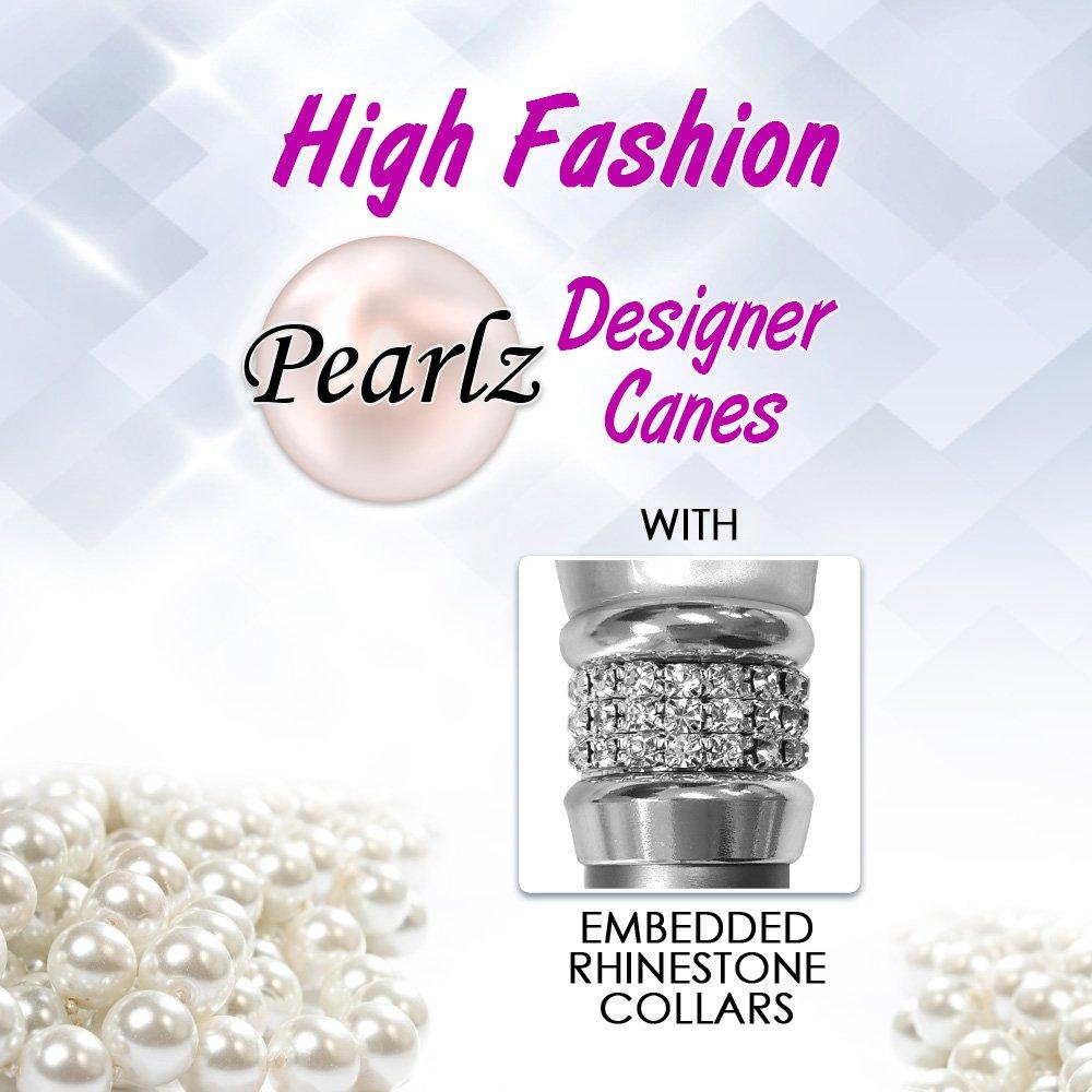 Royal Canes White Pearlz w/ Rhinestone Collar and Black Swirl Designer Adjustable Folding Cane