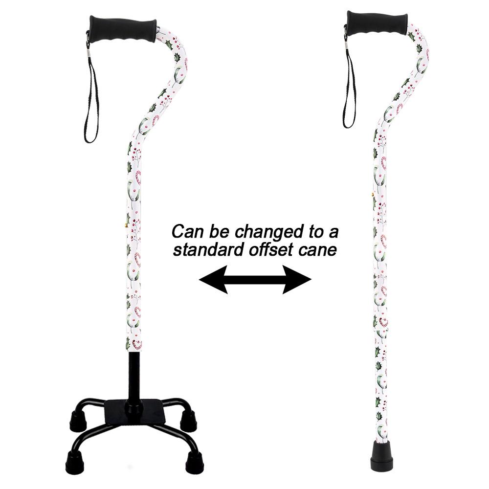 Royal Canes Holiday Cheer Convertible Quad Base Walking Cane with Comfort Grip - Adjustable Shaft