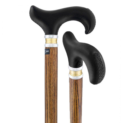 Royal Canes Black Leather Derby Walking Cane With Ash Wood Shaft and Two Tone Collar