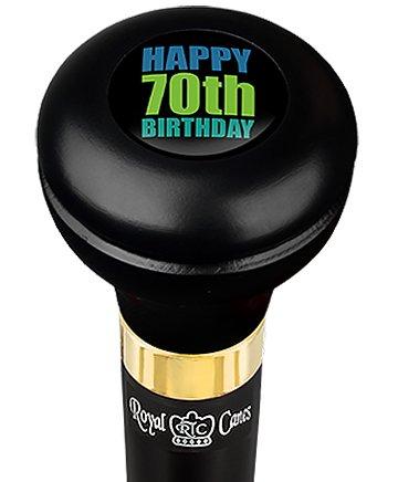 Royal Canes Happy 70th Birthday Flask Walking Stick w/ Black Beechwood Shaft & Pewter Collar