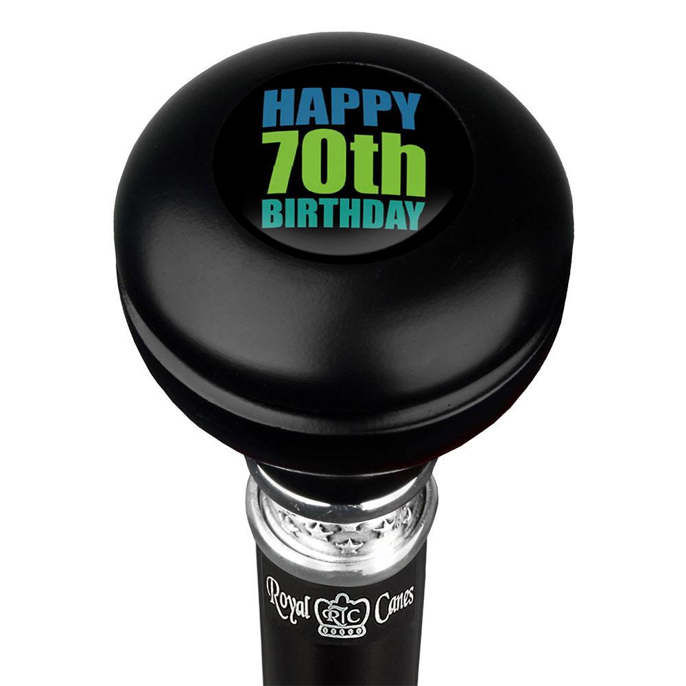 Royal Canes Happy 70th Birthday Knob Walking Stick w/ Black Beechwood Shaft & Pewter Collar