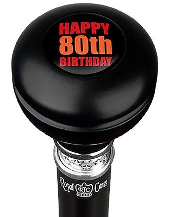 Royal Canes Happy 80th Birthday Knob Walking Stick w/ Black Beechwood Shaft & Pewter Collar