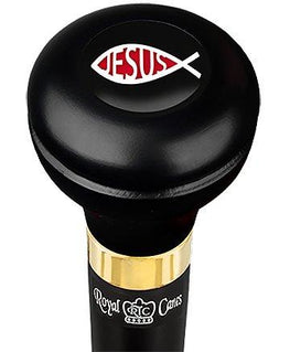 Royal Canes Jesus Fish Symbol Flask Walking Stick w/ Black Beechwood Shaft & Pewter Collar