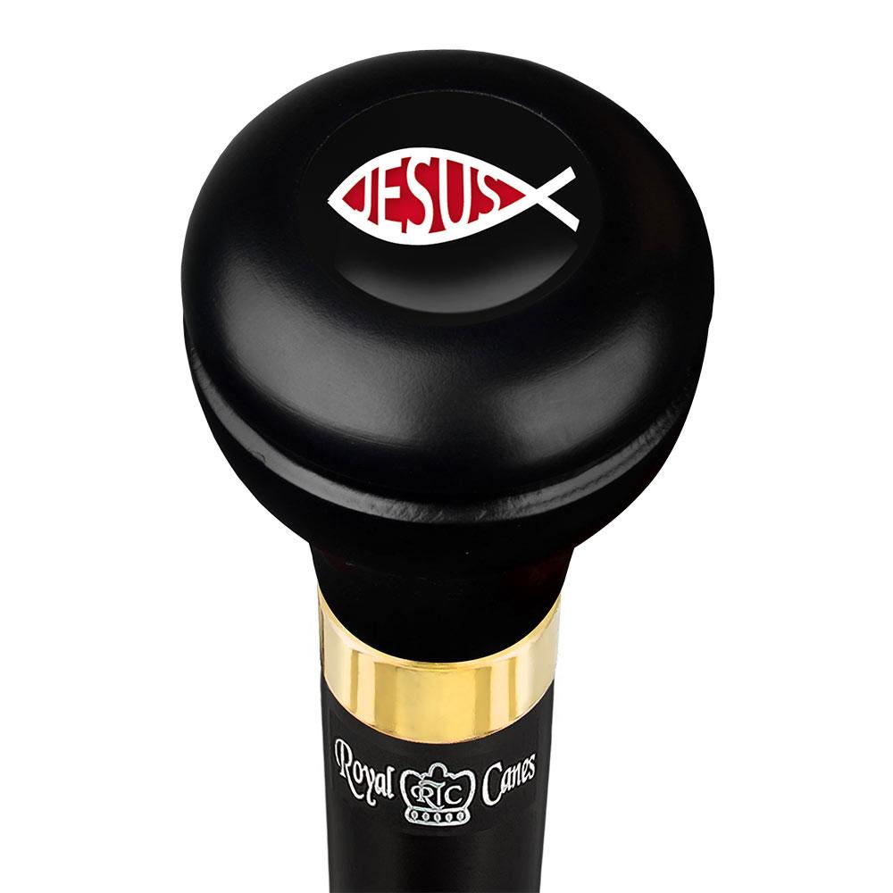 Royal Canes Jesus Fish Symbol Flask Walking Stick w/ Black Beechwood Shaft & Pewter Collar