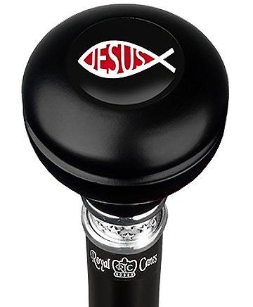 Royal Canes Jesus Fish Symbol Knob Walking Stick w/ Black Beechwood Shaft & Pewter Collar