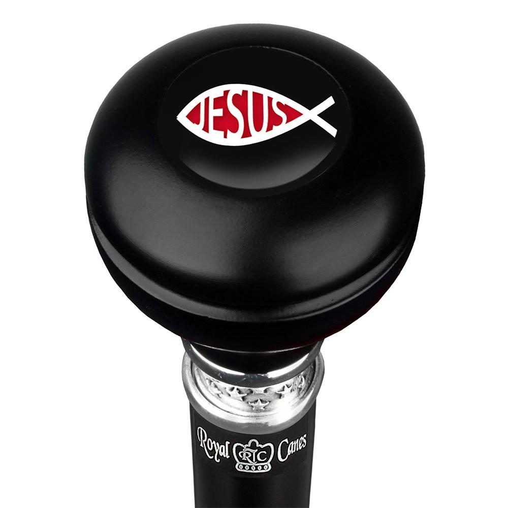 Royal Canes Jesus Fish Symbol Knob Walking Stick w/ Black Beechwood Shaft & Pewter Collar