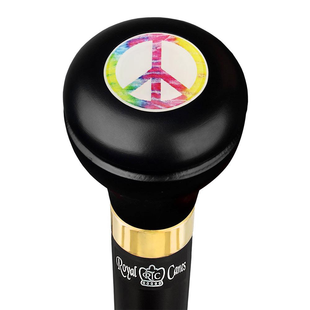 Royal Canes Peace Sign Flask Walking Stick w/ Black Beechwood Shaft & Pewter Collar